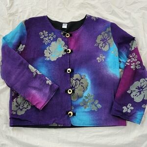 Indo Pacific Purple Blue Batik Floral Jacket Top, Boho Art Blaze,  Size L